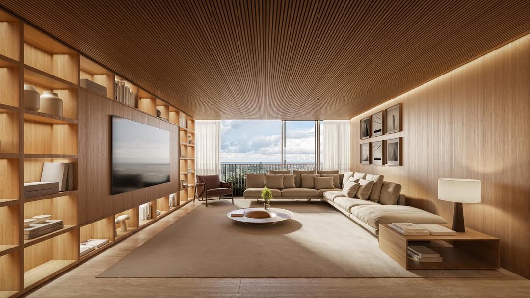Sala de estar com home theater e marcenaria do Icon